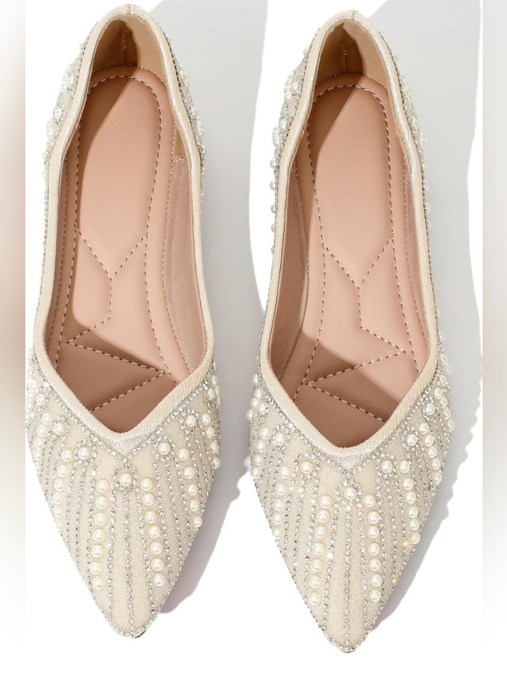 Embellished Rhinestone Pearl Pointed Toe Women’s Flats- Cream - Picture 4 of 8